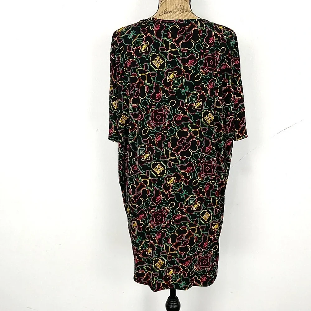 LuLaRoe Carly Tunic Dress Women Medium Black Neon Floral Outline Short Sleeve
